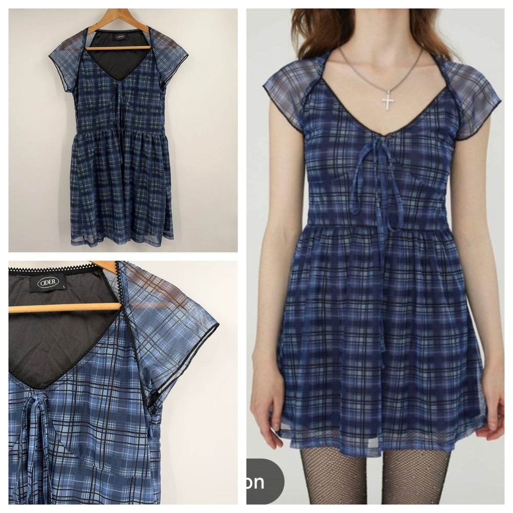 Cider Blue Plaid Knot Front Mini Dress Sheer Cap Sleeve Lace Trim Large